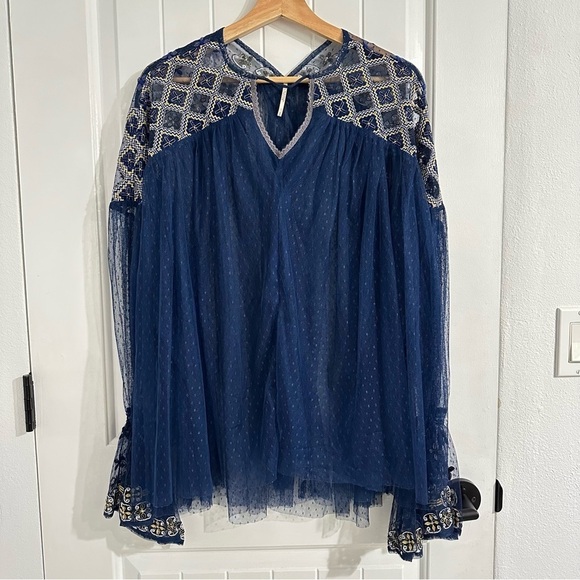 Free People Blue Embroidered Tulle Long Sleeve Top - Picture 1 of 9